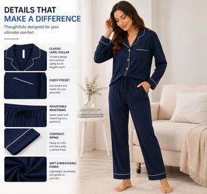 Ensemble de pyjama pour femmes à manches longues, vêtements de nuit doux et respirants, boutonné, confortable, vêtements de nuit de qualité supérieure, vêtements de détente, ensemble deux pièces - Product Image 5
