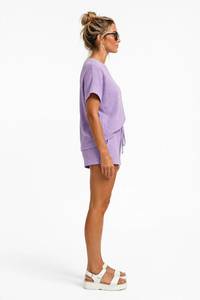 Women's Lavender Ribbed <b>2</b> <b>Piece</b> <b>Set</b> Short Sleeve O Neck <b>Top</b> <b>and</b> Lace Up Shorts - Product Image 3