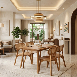 Ensemble de salle à manger Aura en teck massif, style Mid-Century Modern, prêt pour la restauration, avec chaises à dossier à lattes et coussins en rotin, non pliables - Product Image 3