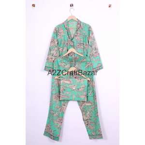 Conjunto de Pijama de Manga Larga para Mujer, 100% Algodón Indio, Estampado Floral, Cintura Elástica, Secado Rápido, Tela Transpirable, Informal para Toda Temporada - Product Image 6