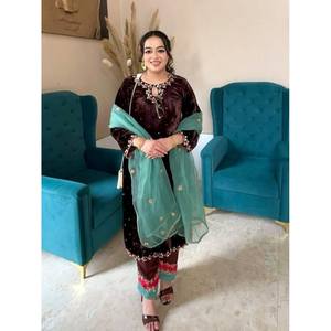 TOP DE TRABAJO BORDADO SECUENCIA TERCIOPELO TENDENCIA PALAZZO CON CAFÉ DUPATTA - Product Image 1