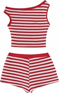 Women's Striped Knitted <b>Crop</b> <b>Top</b> And Shorts Set Off Shoulder Sleeveless Drawstring Waist <b>Red</b> White Two Piece Outfit - Product Image 2