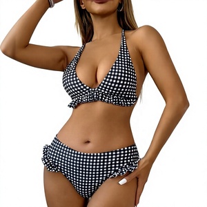Conjunto de Bikini de Lujo para Mujer, Diseño a Cuadros, Cuello Halter Cruzado, Relleno Extraíble, Braguita Brasileña con Decoración de Cadena, Traje de Baño de 2 Piezas - Product Image 3