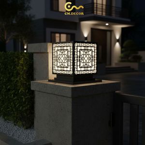 Lampe de poteau LED géométrique de luxe, lanterne extérieure en acier noir de 8 pouces pour villa, lampe de colonne d'entrée blanc chaud AC 220V (±10%) - Product Image 6