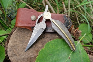 Couteau pliant en acier Damas massif, vente en gros, couteau de poche d'extérieur avec étui en cuir - Product Image 4
