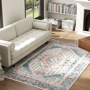 Alfombra Vintage Lavable a Máquina de 4x6, Antideslizante, para Sala de Estar, Dormitorio, Comedor, Marrón y Azul - Product Image 2