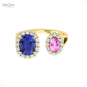 Anillo de Oro Sólido de 14K con Tanzanita Genuina de 8x6mm y Zafiro Rosa con Halo, Anillo de Compromiso de Lujo con Piedras Preciosas para Mujer, Chordia Jewels - Product Image 1