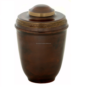 Urne funéraire haut de gamme en métal et laiton, design moderne motif blé, couvercle fileté marron, accents dorés, écologique, faite à la main, vase de table - Product Image 5