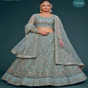 Ensemble Lehenga bleu pastel semi-cousu de qualité supérieure, en tissu filet doux avec broderie intégrale à motif à carreaux, fournisseur indien - Product Image 1