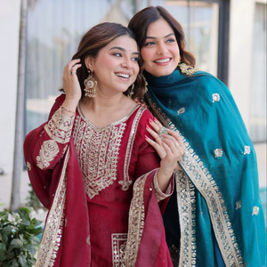 Conjunto especial para el mes de Eid y Ramadán, compuesto por Kurti de tela suave con bordado propio hasta la rodilla, Sharara Plazzo y Dupatta, para mujeres o niñas. - Product Image 1