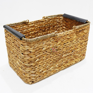 <b>Rectangular</b> Water Hyacinth Rustic <b>Storage</b> <b>Basket</b> with Black Handles Handcrafted Eco-Friendly for Laundry Room Organization - Product Image 4