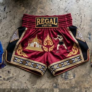 Pantalones Cortos de Muay Thai Regal Unisex, Dorados y Negros, con Serigrafía, 100% Poliéster, para Artes Marciales, Corte Regular - Product Image 6