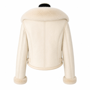 Custom <b>Cream</b> Leather <b>Jacket</b> With Fur Collar And Cuffs Zip-Up Moto Style Winter Coat Unisex Short Fit Regular Sleeve Solid Design - Product Image 2