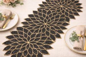 Handmade Beaded Knitted Stripe <b>Table</b> <b>Runner</b> Ivory Gold Embroidered Design Elegant Polyester/Cotton <b>Table</b> Decoration Hotel Use - Product Image 2