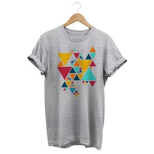 Camiseta Negra para Mujer con Estampado Geométrico Triangular Colorido, Cuello Redondo, Manga Corta, Informal, 100% Algodón, Transpirable, Corte Regular - Product Image 6