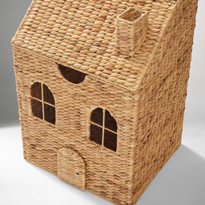 Cesta de almacenamiento tejida a mano con forma de casa de jacinto de agua, con tapa, caja organizadora decorativa para habitación infantil, decoración del hogar - Product Image 4
