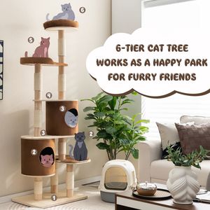 Albero di gatto in legno a 6 livelli con 2 piattaforme di condomini rimovibili e Scratcher di gatto - Product Image 5