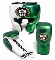 Ensemble d'entraînement de boxe personnalisé vert et blanc « No Boxing No Life » en cuir de vachette véritable pour la boxe et la salle de sport