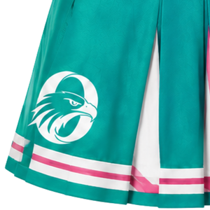Jupe plissée bleu sarcelle pour cheerleading avec bordure rayée rose et blanche, uniforme de performance athlétique pour femmes et filles, tenue d'équipe - Product Image 4