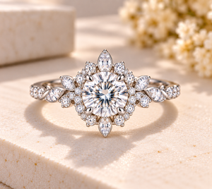 Bague de fiançailles florale en moissanite, argent sterling 925, coupe ronde, halo, motif feuille, bijoux de mariée, bague plaquée or personnalisée - Product Image 1