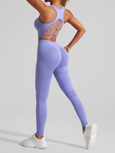 Womens Gym Gear 2 Pcs Yoga Suit <b>Open</b> Back Geometric Strappy <b>Bra</b> and Ribbed Waistband Performance Leggings Sportswear Set - Product Image 5