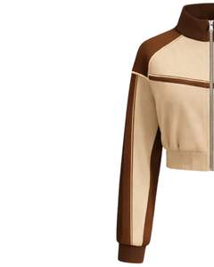 Chaqueta deportiva corta beige marrón para mujer con cremallera, para gimnasio, fitness, ropa deportiva, con rayas en contraste, para entrenamiento, fabricante. - Product Image 3