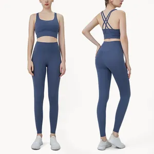 Light <b>Blue</b> Spandex/Nylon Seamless Yoga Leggings Set Women High Waist Full Length Breathable Sports <b>Bra</b> Cross Back Athletic Wear - Product Image 4