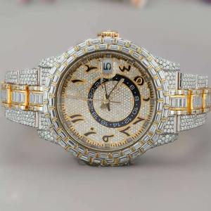 Montre de luxe pour homme, entièrement sertie de diamants moissanite taille baguette, bicolore or et argent, style Hip Hop, automatique mécanique - Product Image 1