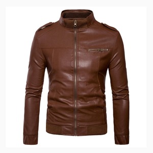 Veste de moto en cuir marron pour homme, col zippé, coupe ajustée, pour l'automne - Product Image 6