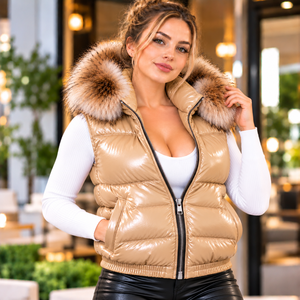 <b>Women</b> Leather Puffer Vest with Oversized Fox <b>Fur</b> Hood, <b>Gilet</b> Trapuntato Donna in Pelle con Cappuccio di Pelliccia, Lederweste - Product Image 4