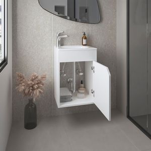 Mobile bagno sospeso Bethel bianco a una anta, design ampio con lavabo in resina e due ripiani per lo stoccaggio - Product Image 2