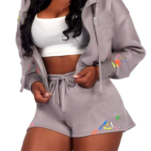 Conjunto de 2 Piezas para Mujer, Color Gris, Top Corto con Capucha, Bordado Colorido, Corte Regular, Informal, Invierno, Transpirable, Felpa, Largo Completo - Product Image 5