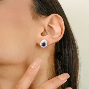 14K White Gold Pear Cut Blue Sapphire Solitaire Halo Stud <b>Earrings</b> - Product Image 3