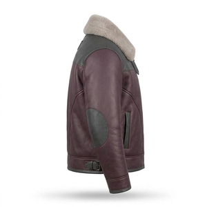 Custom Mens <b>Burgundy</b> Charcoal <b>Leather</b> <b>Jacket</b> Shearling Collar Detailing Quilted Lining Warm Winter Flight Aviator Biker Coat - Product Image 3