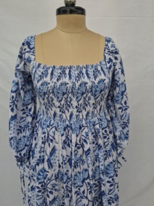 Vestido Midi Azul Gótico Vintage con Encaje y Estampado Floral, 100% Algodón, Mangas Abullonadas, Sin Cuello, Fruncido, Corte en A, Casual, Verano, Diario, Oficina - Product Image 2