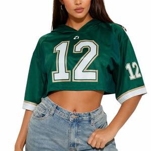 เสื้อเจอร์ซีย์สปอร์ตครอปสีเขียวมีฮู้ดสำหรับผู้หญิงสไตล์ Y2K แขนสั้น แต่งผ้าตาข่าย หมายเลขเสื้อแบบอเมริกันฟุตบอล ขายส่ง - Product Image 1