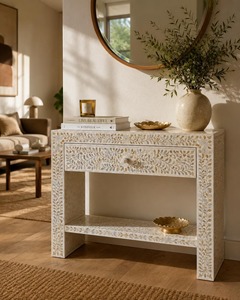 Table console artisanale écologique en nacre grise à motif de feuilles, avec un seul tiroir, design moderne, multifonctionnelle, décoration d'intérieur - Product Image 6