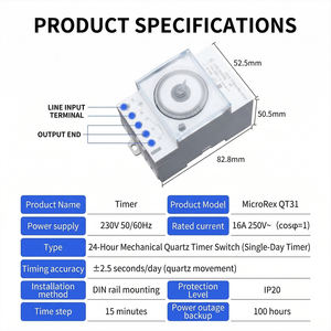 MicroRex QT31 <span class=keywords><strong>Interruptor</strong></span> Temporizador Mecánico de 24 Horas para Montaje en Riel DIN con Memoria de Apagado de Energía de 300H, Temporizador de Cuarzo de 16A 230V - Product Image 6