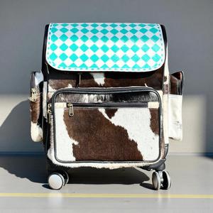 Western Rolling <b>Backpack</b> Cowhide Checkered Fur Zipper Closure Large Capacity Unisex Travel Bag with <b>Wheels</b> - Product Image 1
