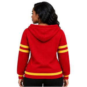 Sudadera con capucha PDK para mujer, roja y dorada, con corona de laurel, letras griegas, cuello en V, estilo universitario, manga a rayas, para hermandades - Product Image 2