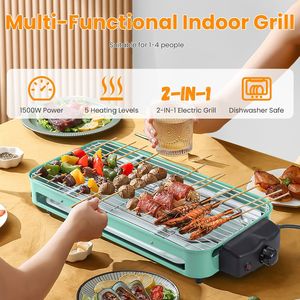 2000W <b>Electric</b> Indoor Grill 2-in-1 <b>BBQ</b> Grill with Removable Plate 5 Temperature Control 3 Small Trays and Dishwasher Safe - Product Image 5
