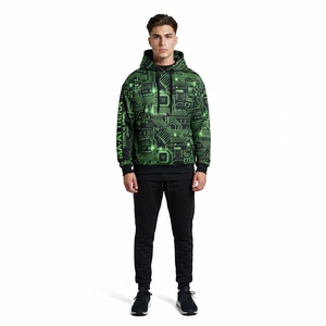 <b>Mens</b> <b>Black</b> Green Circuit Print Pullover Hoodie With Kangaroo Pocket Custom Streetwear <b>Sweatshirt</b> - Product Image 1