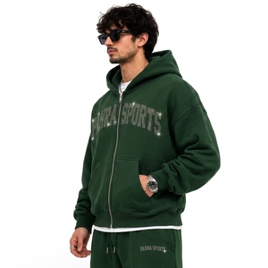 Sweat à capuche zippé personnalisé pour homme et femme, vert, avec strass, coupe oversize, style streetwear, anti-boulochage, 100% coton, OEM, hiver, haute qualité - Product Image 4