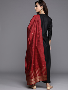 <b>Women</b> Black Yoke Design <b>Kurta</b> Palazzos Red Dupatta Traditional Regular Fit Knee-Length Cotton Set Casual Wear Quick Dry Digital - Product Image 3