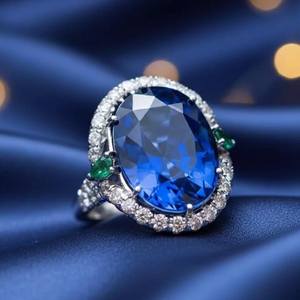 Bague de fiançailles en saphir bleu, argent sterling 925, plaqué or blanc 14 carats, bijoux de mariée de luxe faits à la main, cadeau - Product Image 3