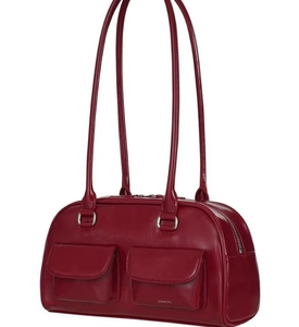 Sac à bandoulière rétro pour femme en cuir véritable rouge cerise, motif bonbon, résistant à l'eau, fermeture éclair, deux poches avant - Product Image 4