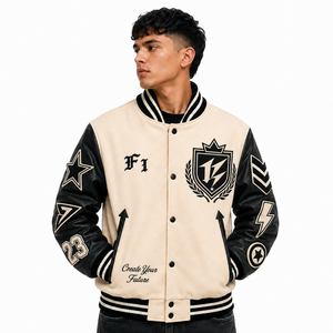 Chaqueta universitaria de talla grande para hombre, chaqueta bomber universitaria premium bordada para hombre con mangas de piel sintética en contraste - Product Image 1