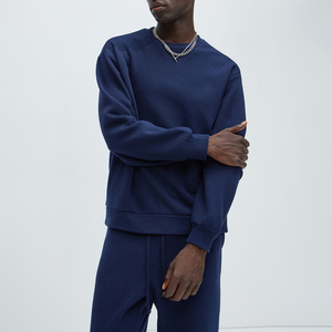 Custom Wholesale Mens <b>Navy</b> Blue Crew Neck <b>Sweatshirt</b> Loose Fit Fleece Pullover Top and Sweatpants Two Piece Tracksuit Set - Product Image 1