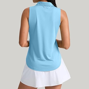 Polo sans manches pour femme, bleu clair, couleur unie, tricoté, respirant, haut de sport de golf, tenue décontractée avec service OEM ODM - Product Image 2
