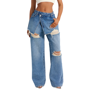 Pantalones Vaqueros de Mezclilla Lavada para Mujer, Cintura Media, Pierna Ancha, Detalles Desgastados y Rotos, Estilo Casual Urbano, Ajuste Holgado, Azul, Otoño, 100% Mezclilla - Product Image 1